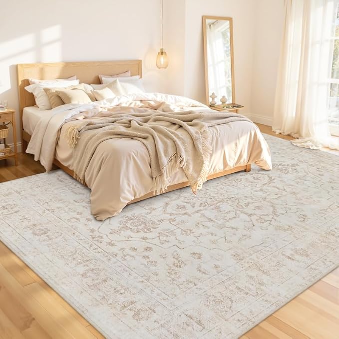 10x14 Area Rug for Living Room: Vintage Boho Neutral Washable Rug Indoor Soft Large Area Rug Carpet for Bedroom Nursery Farmhouse Dining Room Office Floor Non-Slip Low Pile Under Table Rug Warm Beige