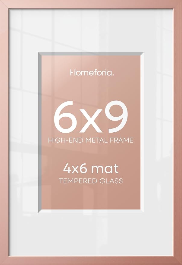 Homeforia Rose Gold 6x9 Picture Frame, High End Metal 6 x 9 Frames with Mat 4 x 6 for Print, 6by9 Desk Frame Matted to 4x6 inch Photo, 6 by 9 Wall or Tabletop Frame, Tempered Glass, Wall Kit, Set of 1