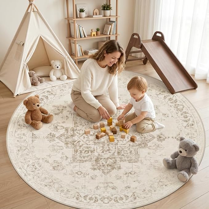 Round Area Rug for Living Room: 8ft Vintage Boho Neutral Washable Circle Rug Soft Large Circular Carpet for Bedroom Nursery Farmhouse Dining Room Office Floor Non-Slip Low Pile Under Table Beige/Ivory