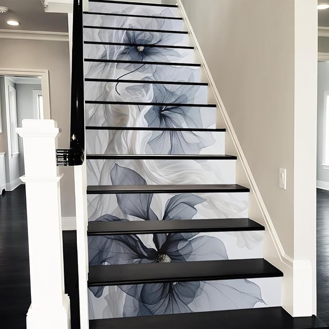 REDAMANCY Modern Grey/Navy/Blue Poppy Floral Peel and Stick Vinyl Stair Riser Decals Staircase Tile Stickers Decor Modern Marble Decoration Self-Adhesive(14 Pcs)