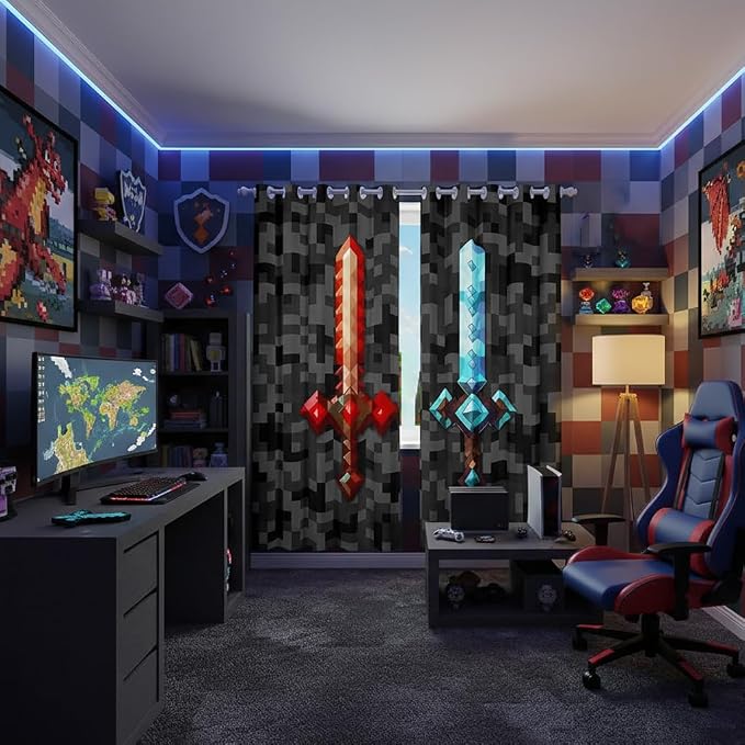 Castle Fairy Red Blue Sword Bedroom Decor Curtains,Sandbox Building Games Window Curtain,Boys Teens Pixelated Style Swords Window Treatment Grey Black Camo Blackout Drapes 2 Panels,42Wx63L