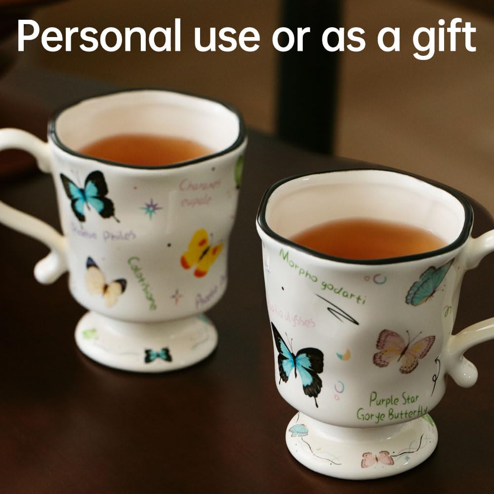 360ml -12.17oz Painted Butterfly Ceramic Mug - Cute Coffee Cup for Latte, Espresso - Gift for Women, Dishwasher Safe