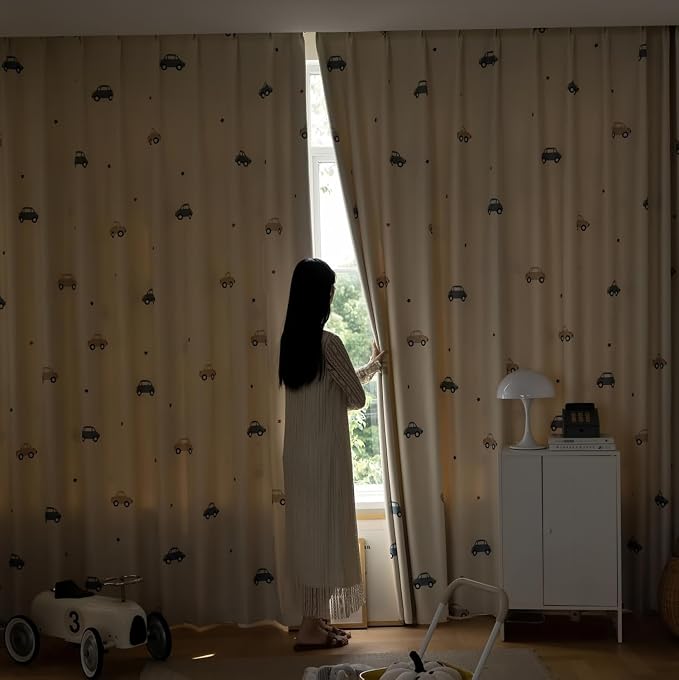 Cartoon Car Pattern Printed Semi Blackout Curtains for Bedroom Living Room | Cute Car Room Darkening Privacy Drapes for Playrooms Light Blocking Window Tratement Grommet Top 1 Panel W42 L84 Inch