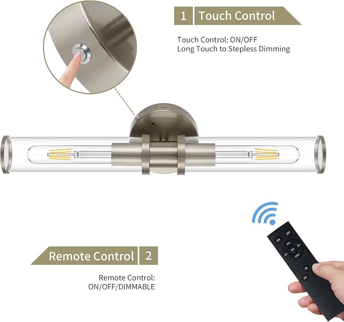 Rayogale Nickel Wireless Battery Operated Wall Sconces with Remote Control | Glass Rechargeable Wall Lights Set of 2 with Timer Function Dimmable for Living Room Bedroom Emergency 3000K, 20.5 Inch