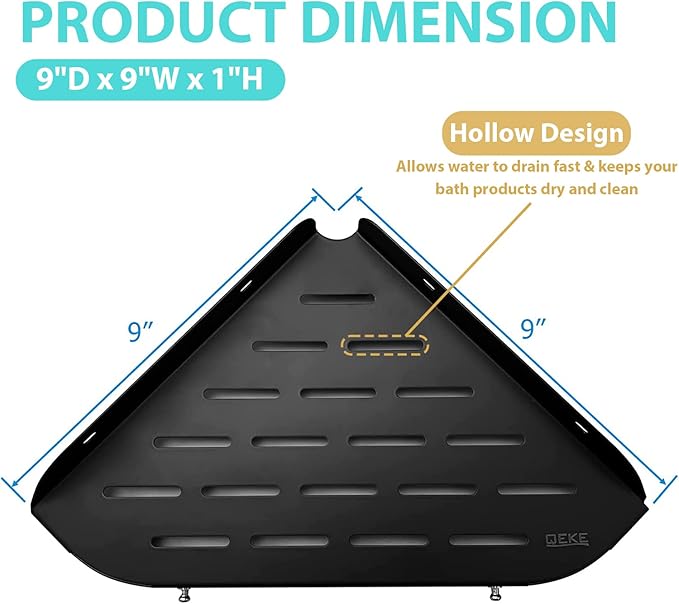 Qeke Bathroom Corner Shelf, 9" Shower Shelf Caddy, SUS304 Stainless Steel Shelf Wall Mount Corner Shelf with 2 Hooks, Matte Black