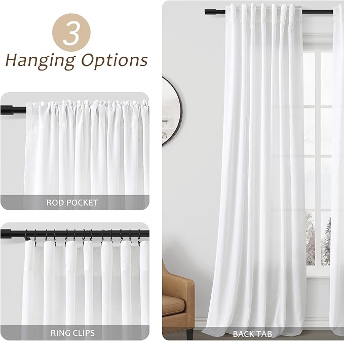 Aersas White Semi Sheer Long Curtains 120 Inch Length for Living Room 2 Panel Set Back Tab Rod Pocket Linen Textured Privacy Floor Curtains Light Reducing Farmhouse Curtain for Dining Room 52x120