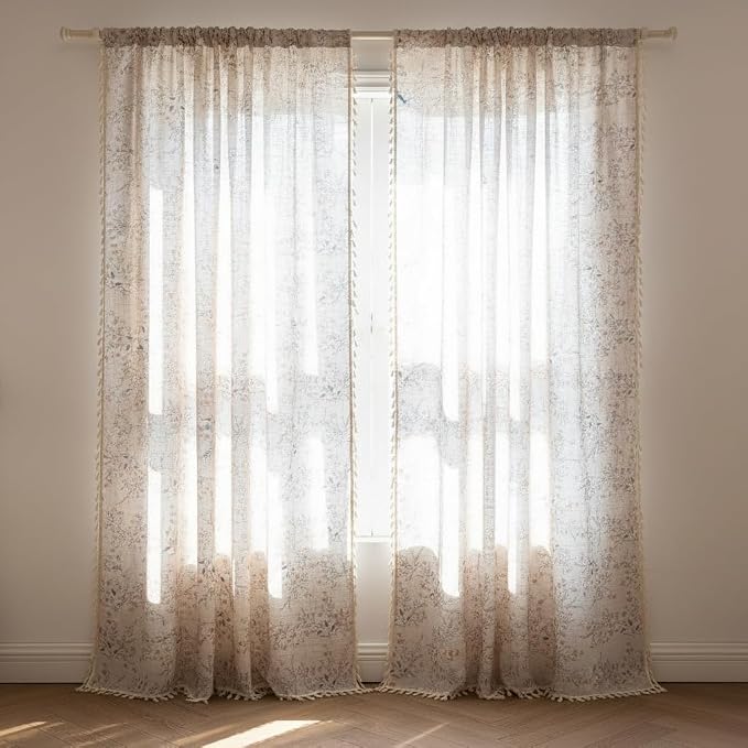 OYX Boho Floral Curtains 96 Inch, Farmhouse Wildflower Drapes with Tassels, Linen Textured Light Filtering Semi Sheer Curtains for Living Room Bedroom, 2 Panels, Rod Pocket, 52Wx96L