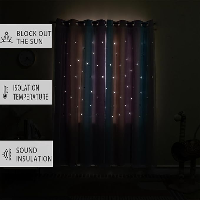 Cute Star Blackout Curtains for Girls Bedroom, Princess Curtains, W52X L72 | 2 Panels Pink Purple Thick Grommet Top Star Cutout Curtains, Double Layer Nursery Kids Curtains, Aesthetic Living Room Decor