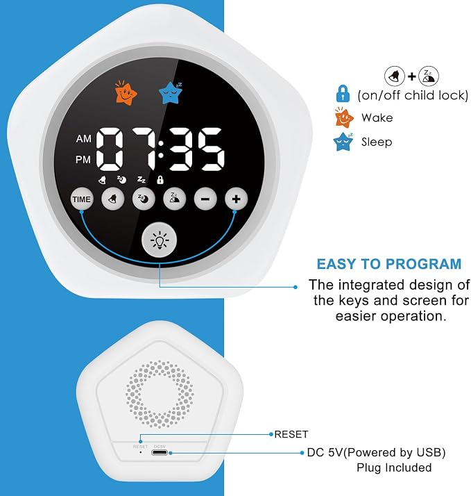 Kids Alarm Clock, Ok to Wake Clock for Kids, Toddler Sleep Training Alarm Clock with Red Green Light, Teaches Time Management & Bedtime Routine, Perfect Clock Gift for Kids