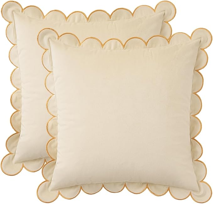 MONDAY MOOSE Decorative Throw Pillow Covers Cushion Cases, Set of 2 Soft Velvet Scalloped Round Edge Designs, Mix and Match for Home Decor, Pillow Inserts Not Included (20x20 inch, Cream)