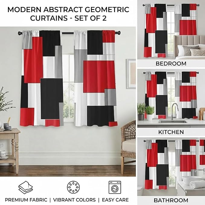 Black and Red Curtains for Living Room 63 Inch Length Geometry Curtains Modern White Grey Abstract Rod Pocket Curtain for Bedroom Kitchen Room Window Drapes 2 Panels