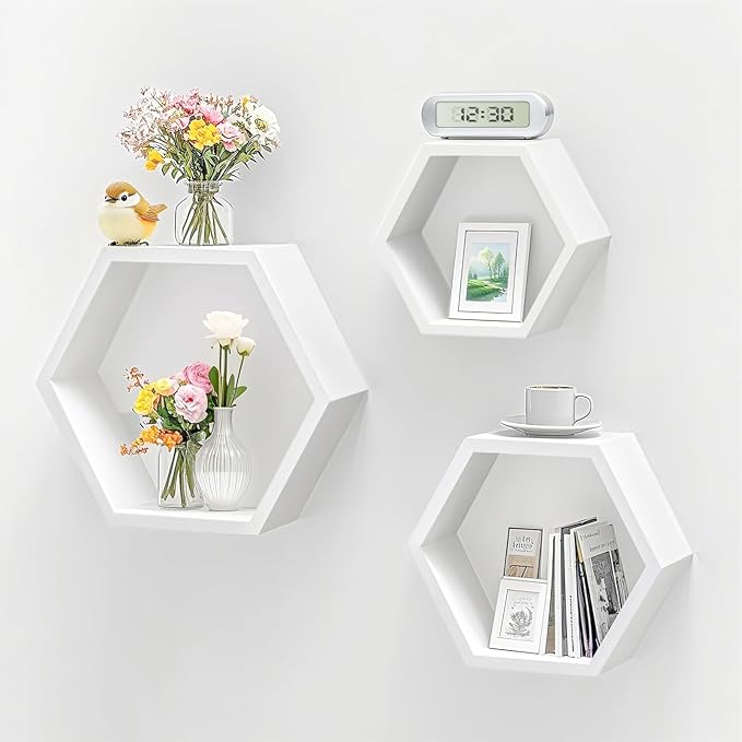ZGZD Set of 3 White Wooden Hexagon Wall Shelves - Modern Decorative Storage for Home, Kitchen, Office – Stylish Floating Shelves for Small Plants, Books, and Decor