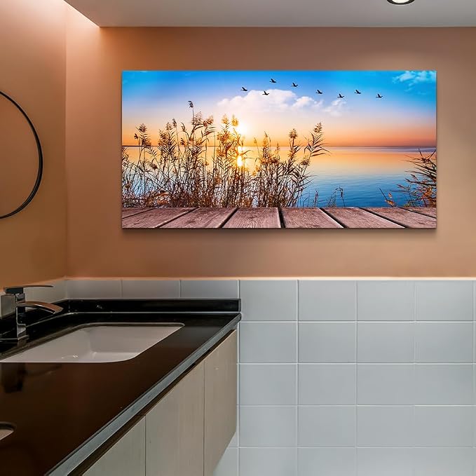 MHARTK66 Beach Wall Art Canvas Print Ocean Pictures Nature Artwork Wall Decor Seascape Painting Large Sunset Landscape Picture Modern for Living Room Bedroom Bathroom Office Home Decorations 30" x 60"