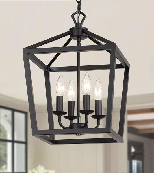 AMZASA Farmhouse Rustic Black Lantern Chandelier Hanging Light Fixture 4-Lights for Kitchen Island Dining Room Hallway Entryway Foyer UL Listed