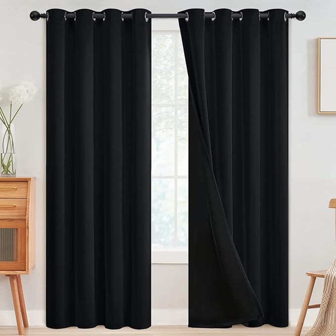 SimpleHome 100% Blackout Curtains for Bedroom,Thermal Insulated Black Grommet Window Drapes Room Darkening Curtains for Living Room with Black Back,52 x 90 Inch,2 Panels