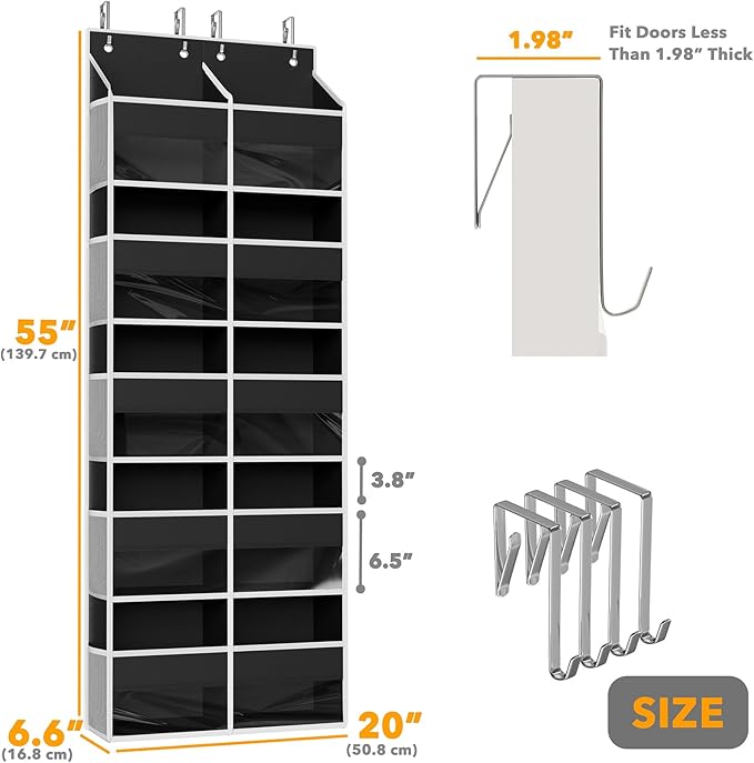 SpaceAid Extra Large Over The Door Organizer with 10 Large Pockets and 10 Mesh Side Pockets, 5 Layers Door Organizer Hanging with Clear Window for Bedroom, Bathroom, Pantry and Nursery, Black