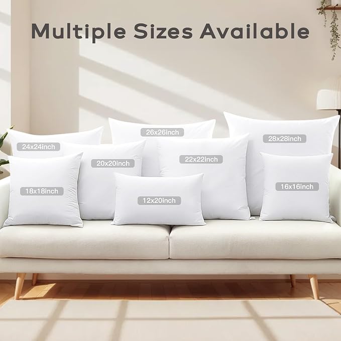 SAVORI Set of 2 Down and Feather Throw Pillow Inserts 20x20 Soft Fluffy Pillow Inserts with 100% Down-Proof Cotton Cover, Decorative Square Cushion Inner for Sofa Couch Bed-White