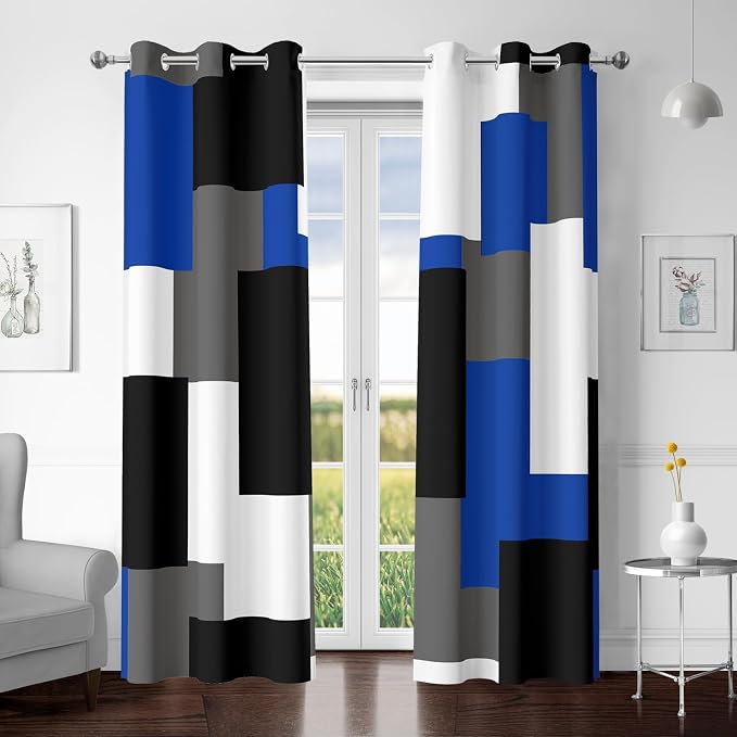 Tyrot Blue Gray 100% Blackout Curtains for Bedroom 84 inch Length 2 Panels Set White Grey Modern Abstract Geometric Black Out Curtains Insulated Room Darkening Window Drapes for Living Room, 42Wx84L