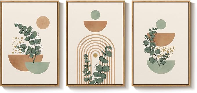 Large Framed Abstract Boho Wall Art for Living Room, 3 Piece Botanical Sage Green Plant Canvas Artwork for Walls, Minimalist Neutral Geometric Line Prints Paintings for Dining Room Hallway 20x30 Inch