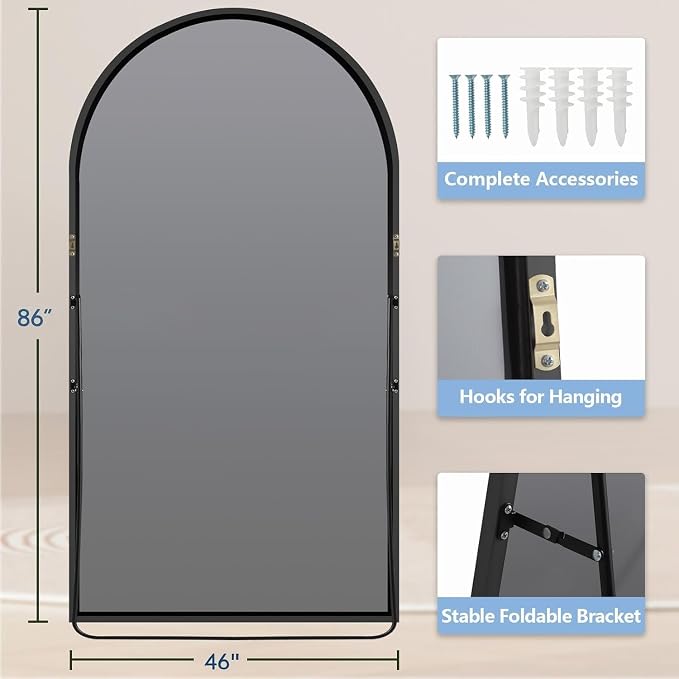 Prywot Full Length Mirror, Oversized 86"x46" Arched-Top Floor Mirrors, Modern Full Body Mirrors with Stand, Wall Mirror with Aluminum Alloy Frame for Bedroom,Living Room, Black