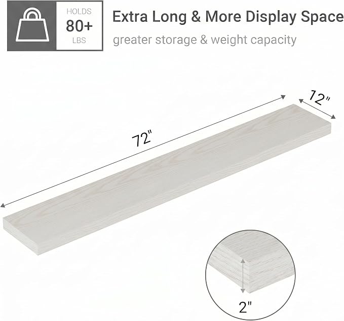 Vivelove 12" Deep Floating Shelves with Invisible Brackets, 72" Wall Shelves for Bathroom Bedroom Kitchen Living Room Laundry Room, Modern Rustic Shelves for Home, 72"x12"x2", Set of 1, White Birch