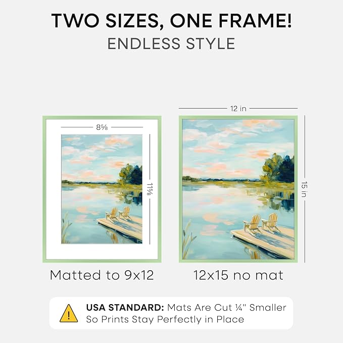 Homeforia 12x15 Sage Green Picture Frame, High End Metal 12x15 Poster Frames with Mat 9x12 Photo, 12 x 15 Sage Green Frames Matted to 9 by 12 Art, 15x12 Thin Frame, Tempered Glass, Wall Kit, Set of 1