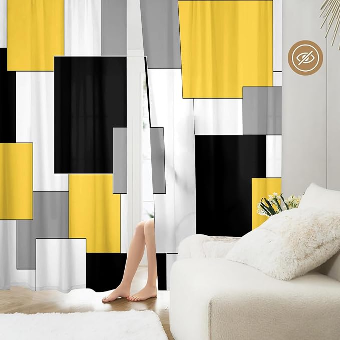 Yellow and Black Curtains for Living Room 84 Length Geometry Curtains Modern Yellow Grey Abstract Rod Pocket Curtain for Bedroom Kitchen Room Window Drapes 2 Panels