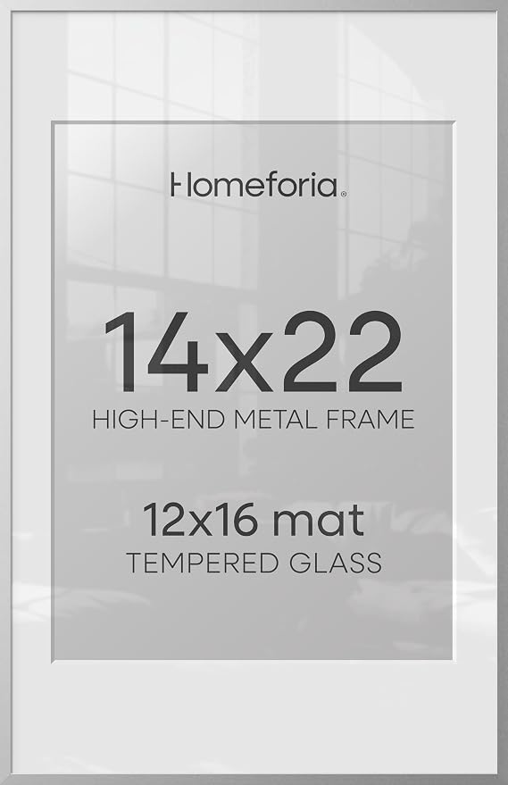 Homeforia 14x22 Picture Frame Silver, High End Metal 14 x 22 Frame with Mat 12 by 16 Photo, 14x22 Silver Poster Frame Matted to 12x16 in Print, 22x14 Hanging Frames, Tempered Glass, Wall Kit, Set of 3