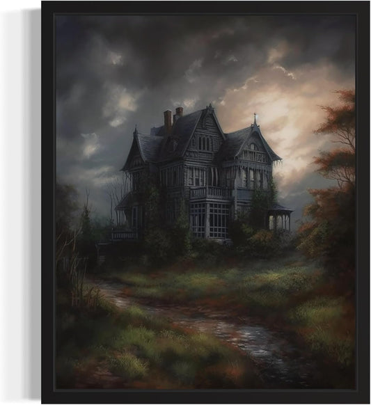 Haunted House Poster Art Print, Halloween Scary Vintage Wall Art Academia Spooky Painting Decoration for Horror Prints, Gothic Posters Bedroom Decor 89 (Haunted House, 16 x 20 inches, Black Frame)