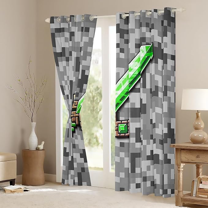Castle Fairy Green Gemstone Window Curtain,Green Brown Sword Privacy Blackout Curtain for Window Grey Pixel Shade Windows Covering for Bedroom Miner Theme Square Drapes 2 Panels,38Wx54L