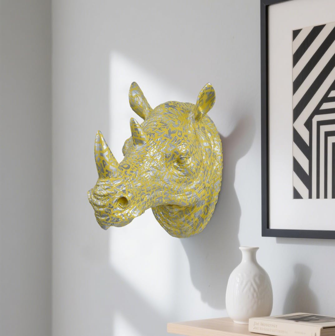 Rhino Head Wall Mount Resin Safari Animal Sculpture, Modern Faux Decor for Living Room Bedroom Office Realistic Wildlife Art Bust Yellow
