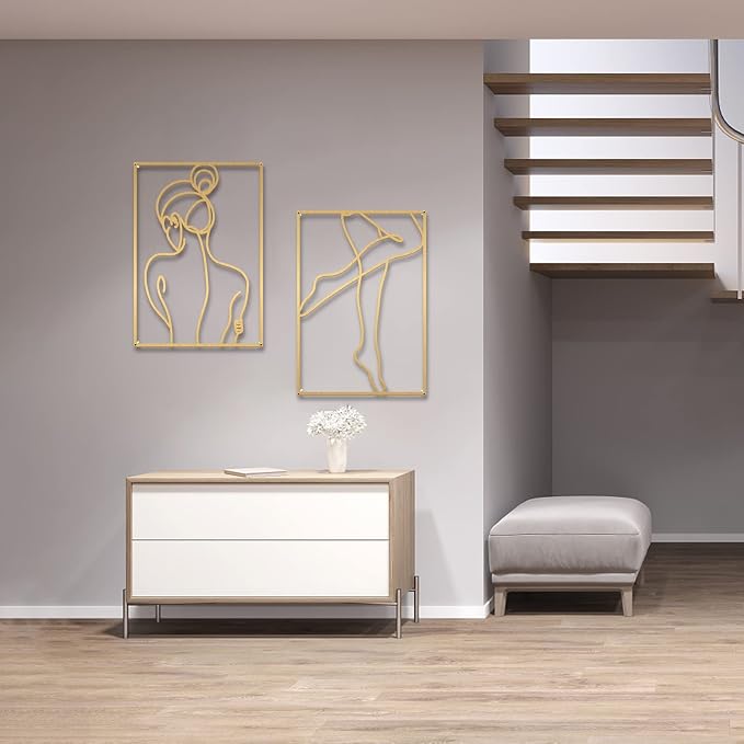Glamativity Large 4 Pack Gold Wall Art, Minimalist Single Line Art, Real Metal Wall Art, Woman's Body Shape Abstract Art (Gold Elegant Style, L Size 22.5 x 15.7'')