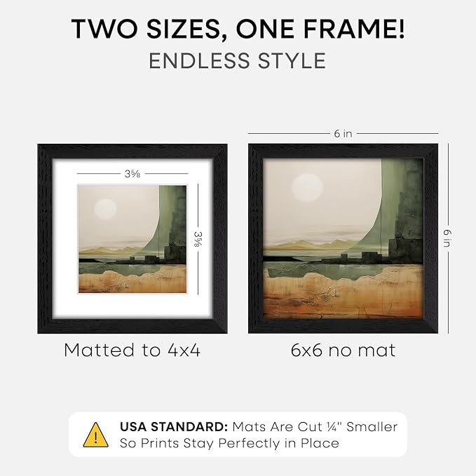 Homeforia 6x6 Picture Frame Black Wood, High-End Oak 6 x 6 Square Frames with Mat 4 by 4 inch Photo, 6x6 Wooden Frame Matted to 4x4 Art, 6by6 Wall or Tabletop Frame, Tempered Glass, Wall Kit, Set of 2