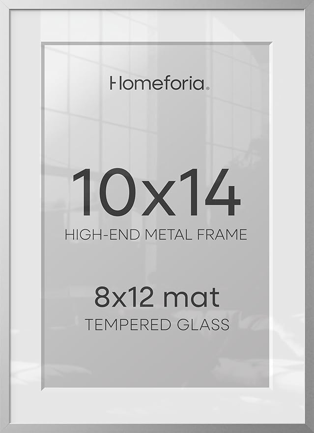 Homeforia 10x14 Picture Frame Silver, High End Metal 10x14 Frames with Mat 8x12, 10 x 14 Silver Poster Frame Matted to 8 x 12 inch Photo, 10by14 Thin Hanging Frames, Tempered Glass, Wall Kit, Set of 1