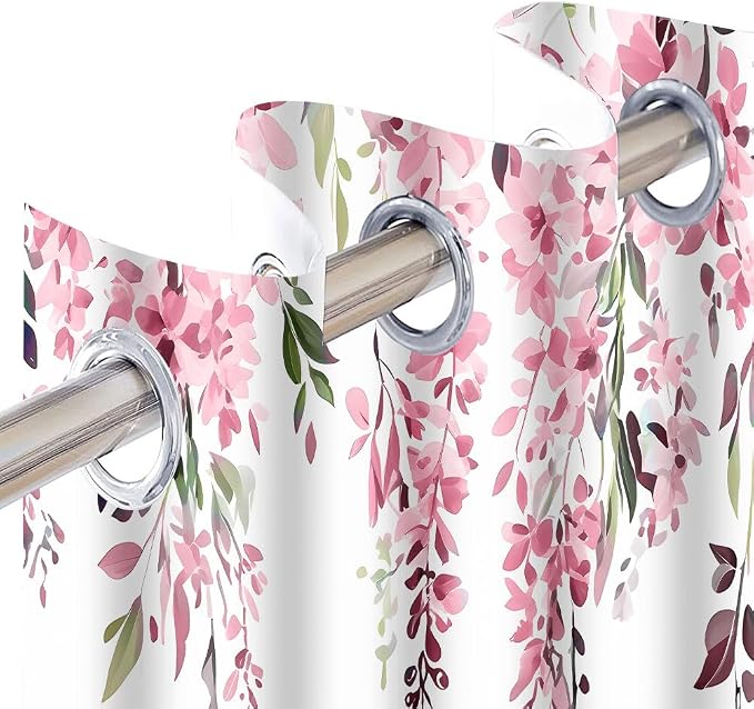 Pink Watercolor Floral Curtains, 42x84 inch, 2 Panels | Botanical Leaves Vine Flowers, Rustic Farmhouse, Blackout Window Treatment, For Bedroom Living Room