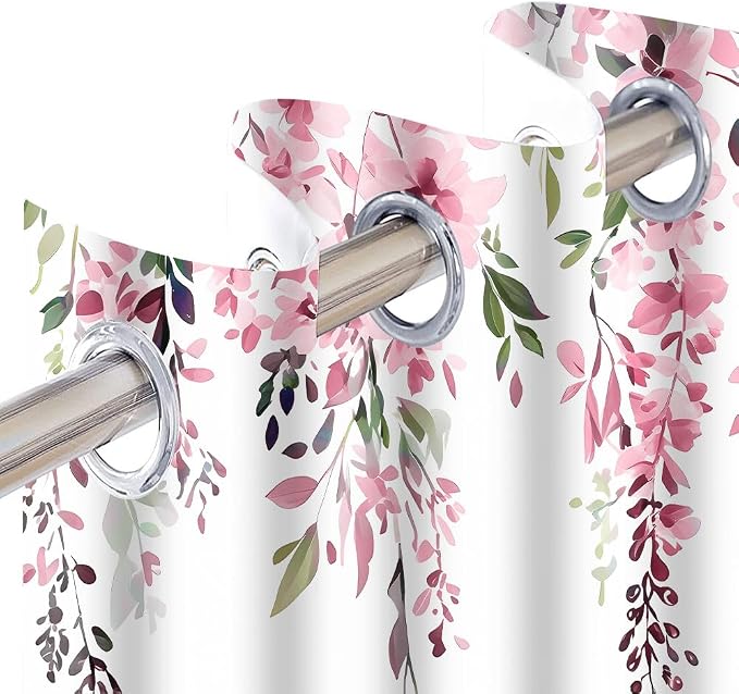 Pink Watercolor Floral Curtains, 42x63 inch, 2 Panels | Botanical Leaves Vine Flowers, Rustic Farmhouse, Blackout Window Treatment Drapes, For Bedroom Living Room
