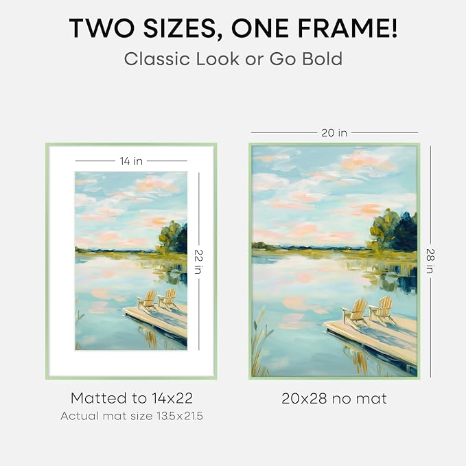 Homeforia 20x28 Frame Sage Green, High End Metal 20x28 Poster Frames with Mat 14x22 inch Photo, 20 x 28 Sage Green Picture Frame Matted to 14 by 22 Art, 28x20 Frame, Tempered Glass, Wall Kit, Set of 2