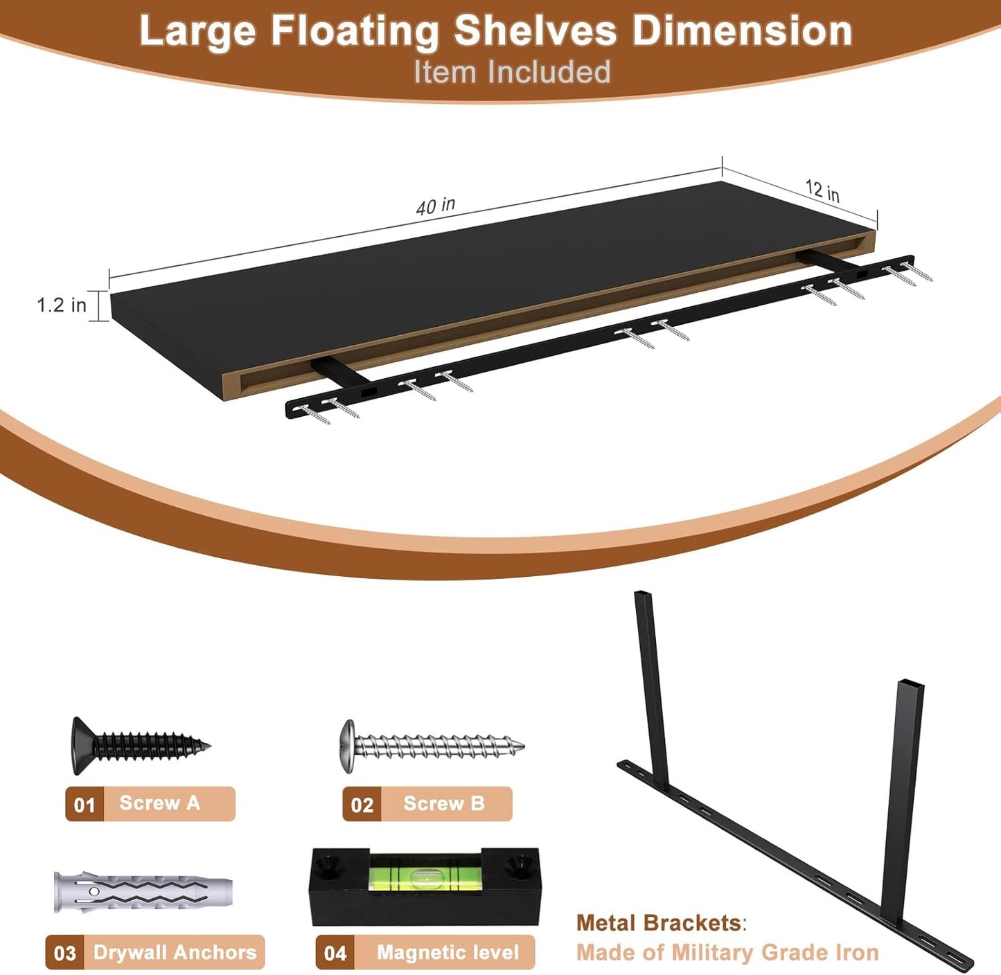 40 Inch Floating Shelf 3 Pack Large Floating Shelves for Wall No Drilling Accessories Included Deep Wall Shelves for Living Room Kitchen Farmhouse 40" W x 12" D x 1.2" Black