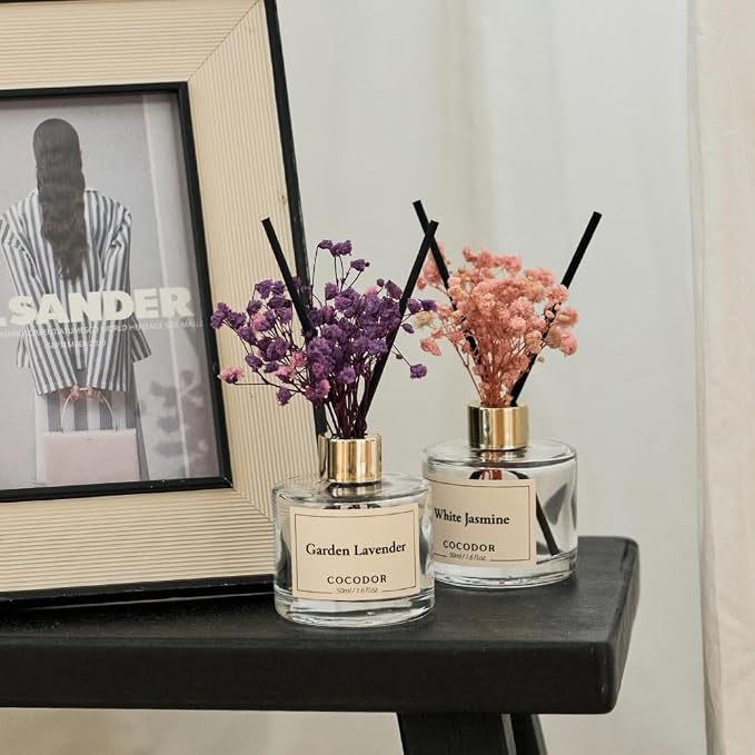 COCODOR Real Flower Reed Diffuser Set of 3/White Jasmine,Garden Lavender,April Breeze/1.6oz Each Pack/Home Fragrance Diffuser, Oil Scent Diffuser for Bathroom Shelf Decor