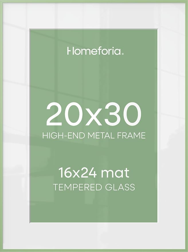 Homeforia 20x30 Frame Sage Green, High End Metal 20x30 Picture Frames with Mat 16x24 inch Photo, 20 x 30 Sage Green Poster Frame Matted to 16 by 24 Art, 30x20 Frame, Tempered Glass, Wall Kit, Set of 1