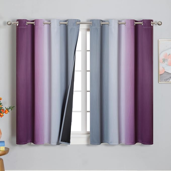 Purple and Grey Blackout Curtains 45 Inches Long,Ombre and Wavy Line Pattern 100% Blackout Curtains for Bedroom,Full Light Blocking Grommet Thermal Insulated Drapes for Kids Room, 52x45 Inch, 2 Panels