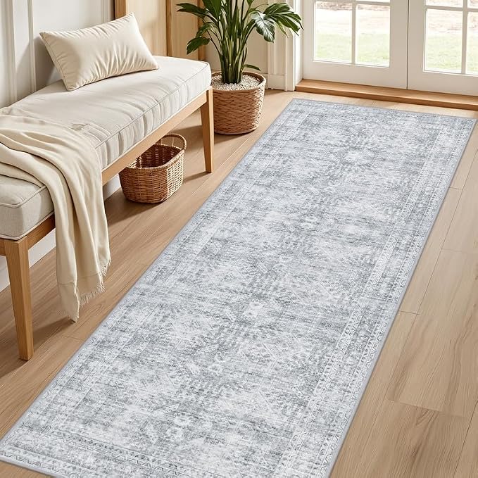 2'6''x8' Hallway Washable Runner Rug: Vintage Boho Neutral Kitchen Rug Soft Small Area Rug Indoor Floor Non-Slip Low Pile Carpet for Farmhouse Entryway Laundry Bathroom Bedroom Beside Rugs Gray