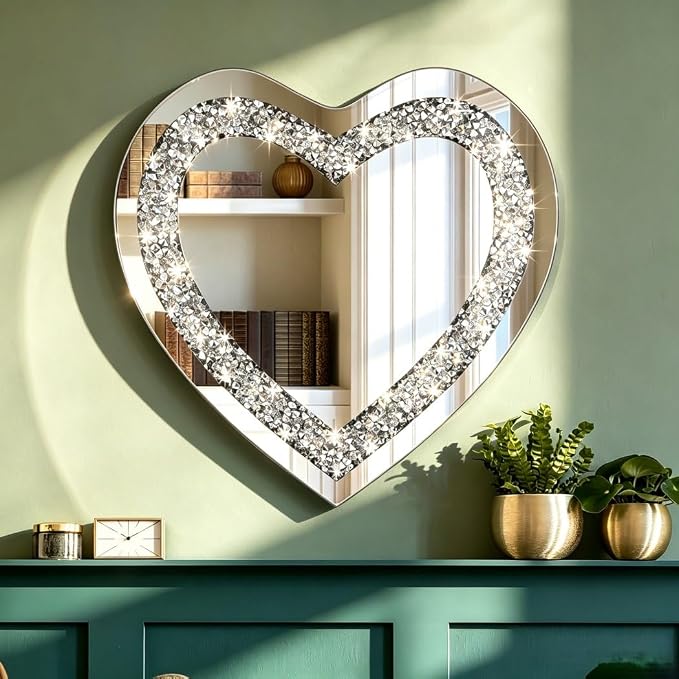 DMDFIRST Crystal Crush Diamond Heart Shaped Silver Mirror for Wall Decoration 20x20x1 inch Wall Hang Frameless Mirror Acrylic Diamond Décor.
