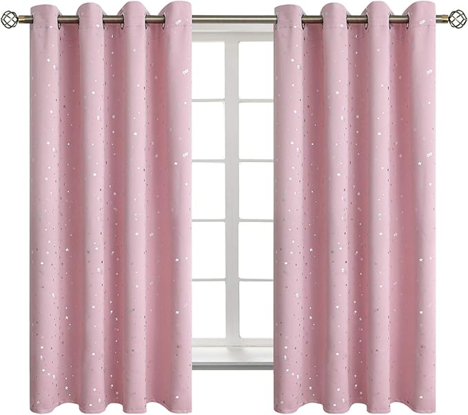BGment Kids Blackout Curtains for Bedroom - Grommet Thermal Insulated Silver Star Print Room Darkening Curtains for Kids Room, Set of 2 Panels, 52 x 63 Inch, Baby Pink