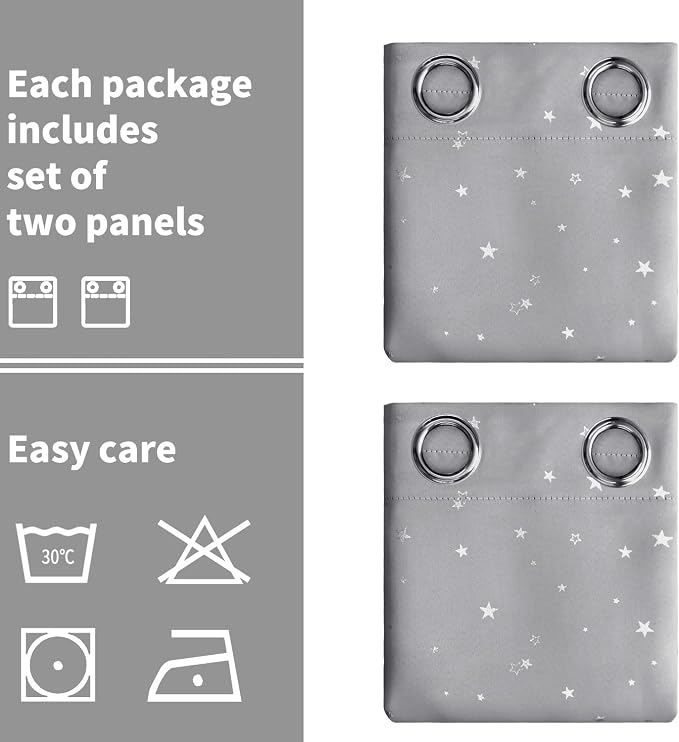 BGment Light Grey Star Blackout Curtains for Kid's Bedroom - Grommet Thermal Insulated Room Darkening Printed Curtains for Living Room, Set of 2 Panels (52 x 84 Inch, Light Grey)