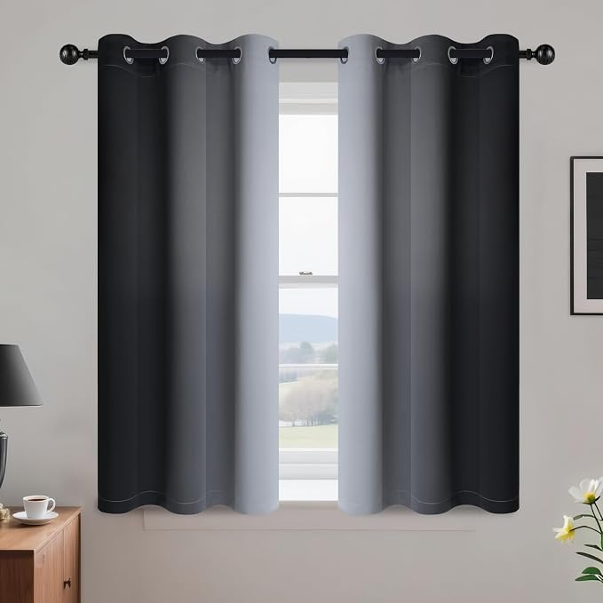 Yakamok Ombre Curtains Black and Greyish White for Living Room,42Wx45L | Room Darkening Curtains 45,Thermal Insulated Gradient Color Drape,Light Blocking Grommet Window Curtains for Bedroom,2 Panels