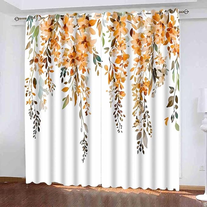 Orange Watercolor Floral Blackout Curtains 42x84 Inch 2 Panels | Botanical Leaves Vine Flowers, Rustic Farmhouse, Blackout Window Treatment, For Bedroom Living Room