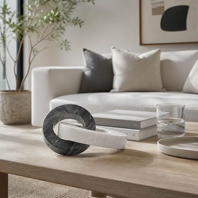 Home Decor and Bathroom Decor Marble Double Ring – Modern Shelf Sculpture and Office Accents for Room Styling – Coffee Table Ornaments and Living Room Decor Statues Design – 6", White & Black