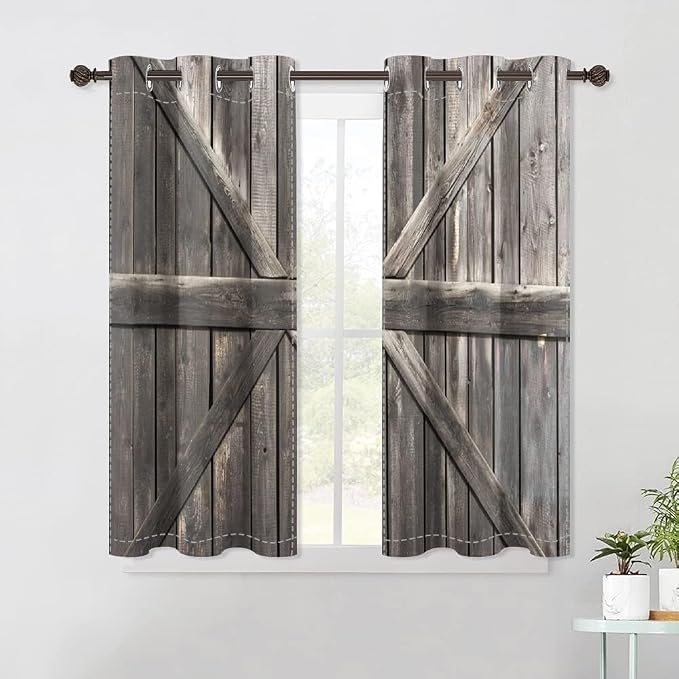 Rustic Barn Door Window Curtains Farmhouse Grey Wooden Door Garage Door Blackout Window Treatment for Living Room Bedroom Rural Farm Style Room Darkening Window Drapes,21x63 inch,2 Panels