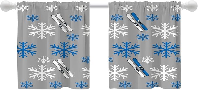 Shrahala Snowflakes Skis Blackout Curtain Tiers, Winter Sports Themed Pattern Kitchen Valance Light Blocking Tier Drapes with Rod Pocket, 2 Pack 26 X 24 in